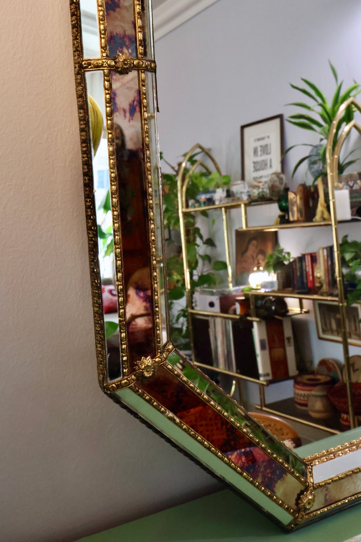 Vintage Octagonal Églomisé-Style Mirror with Gilt Metal Trim