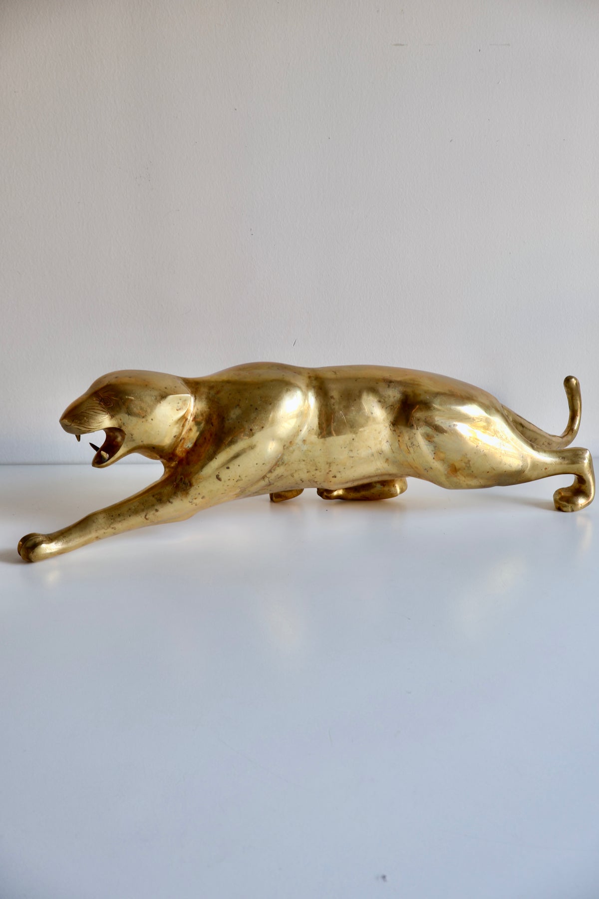 Vintage Solid Brass Leaping Panther Sculpture