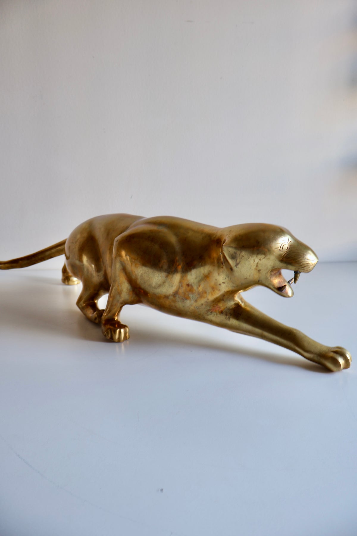 Vintage Solid Brass Leaping Panther Sculpture