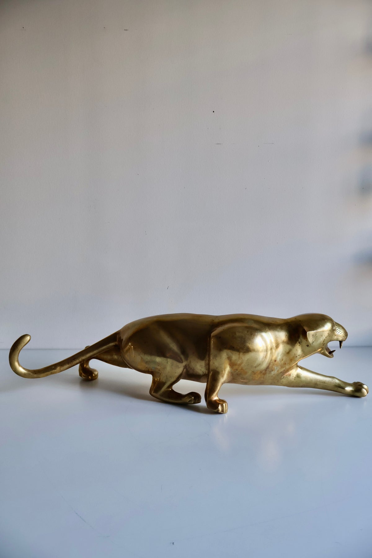 Vintage Solid Brass Leaping Panther Sculpture