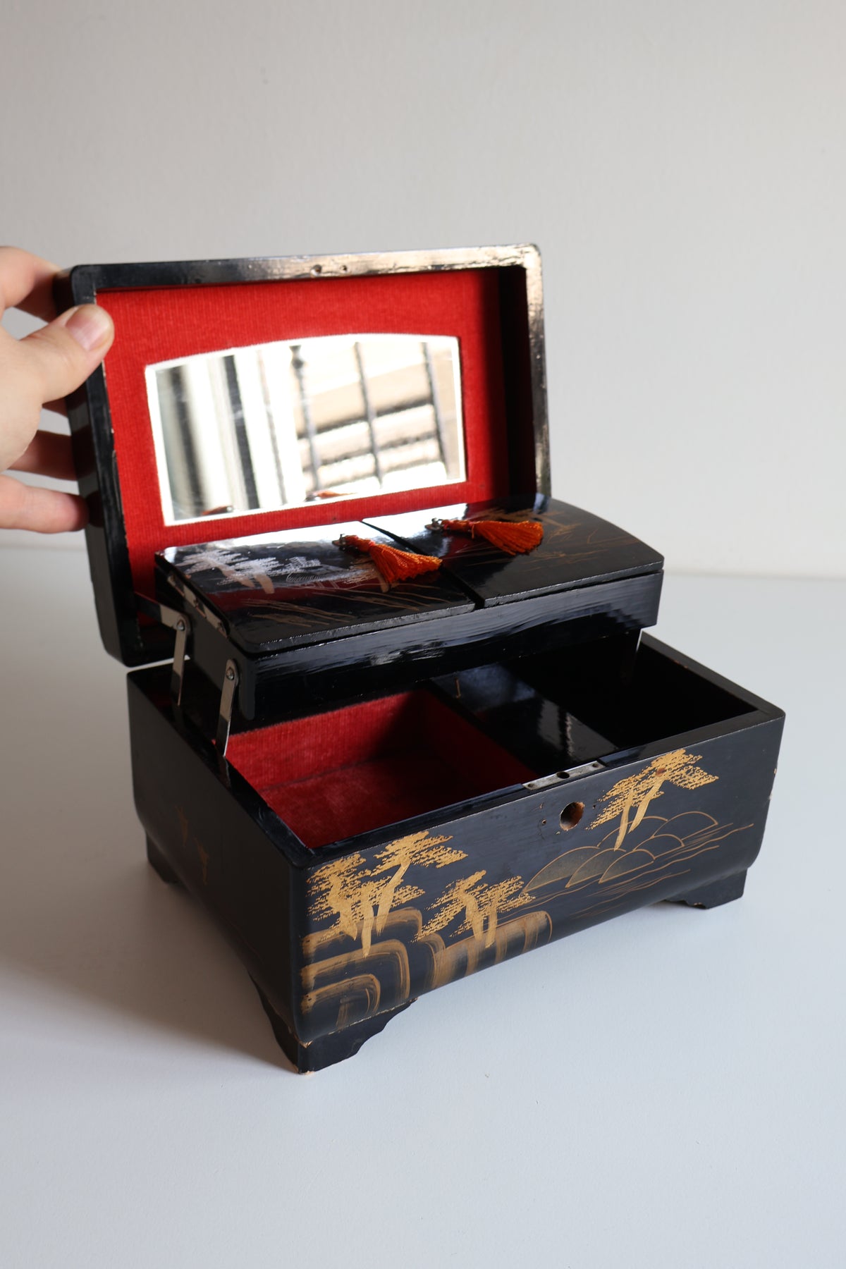 Vintage Japanese Lacquered Jewelry Box with Mirror
