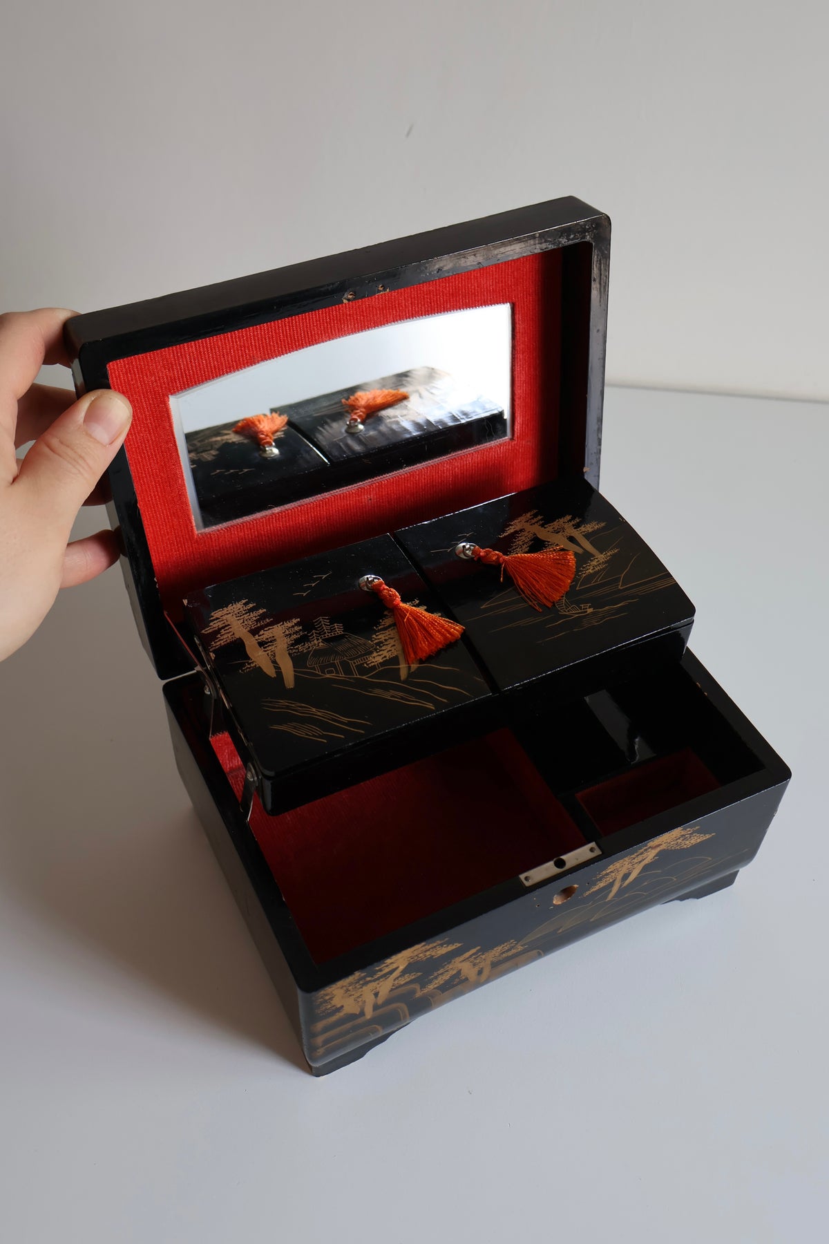 Vintage Japanese Lacquered Jewelry Box with Mirror