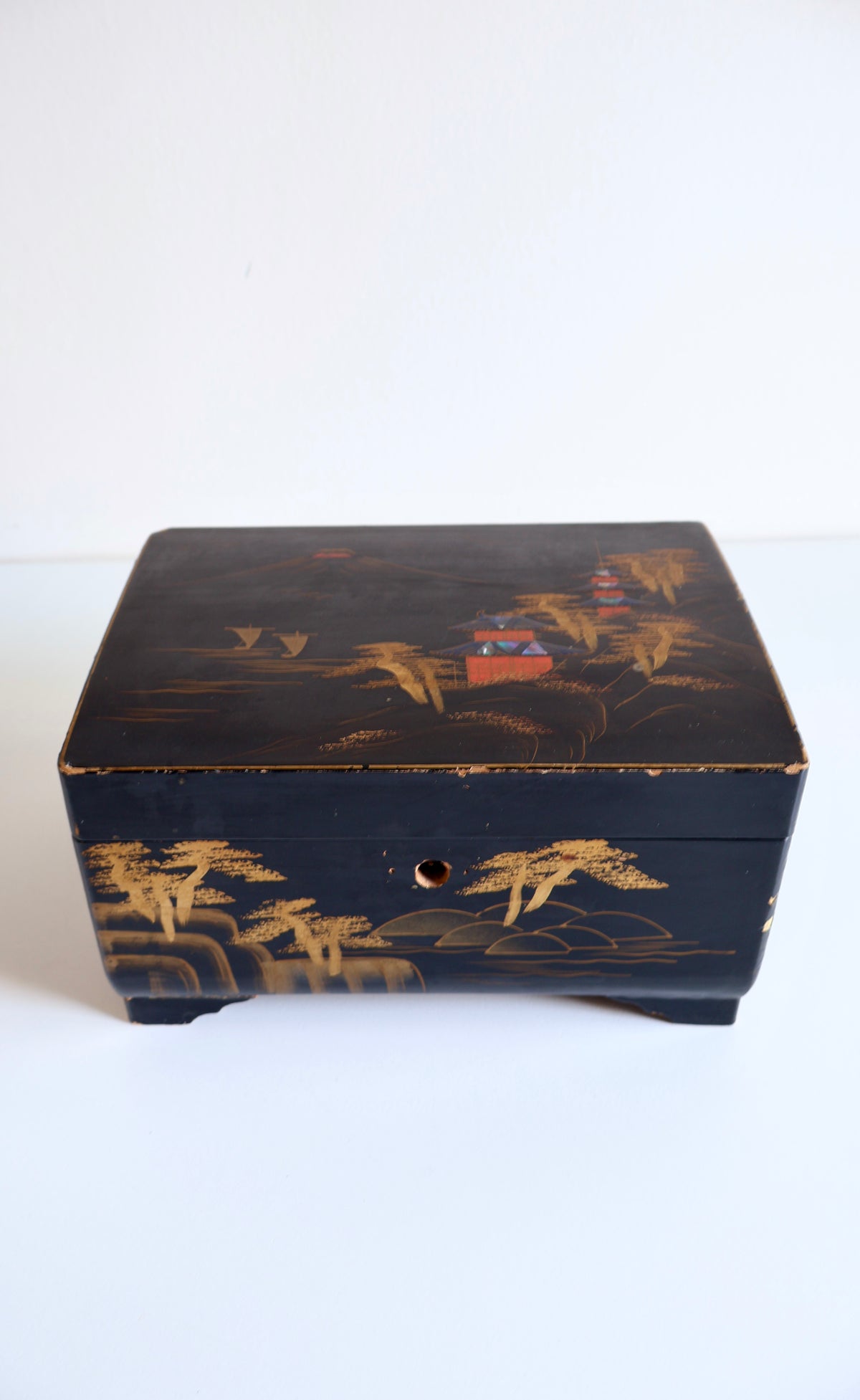 Vintage Japanese Lacquered Jewelry Box with Mirror