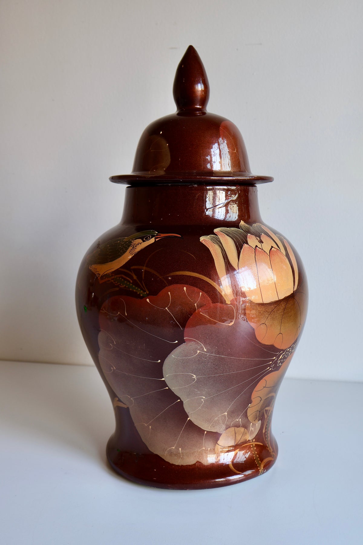 Vintage Hand-Painted Ginger Jar with Lotus & Bird Motif