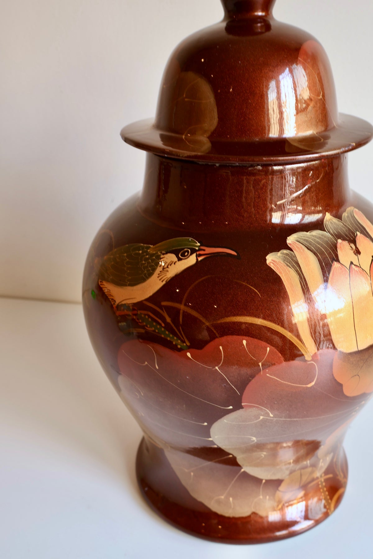Vintage Hand-Painted Ginger Jar with Lotus & Bird Motif