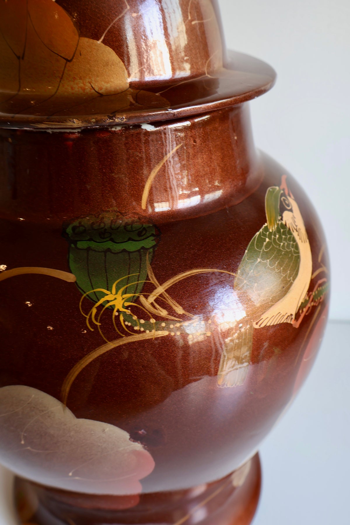 Vintage Hand-Painted Ginger Jar with Lotus & Bird Motif