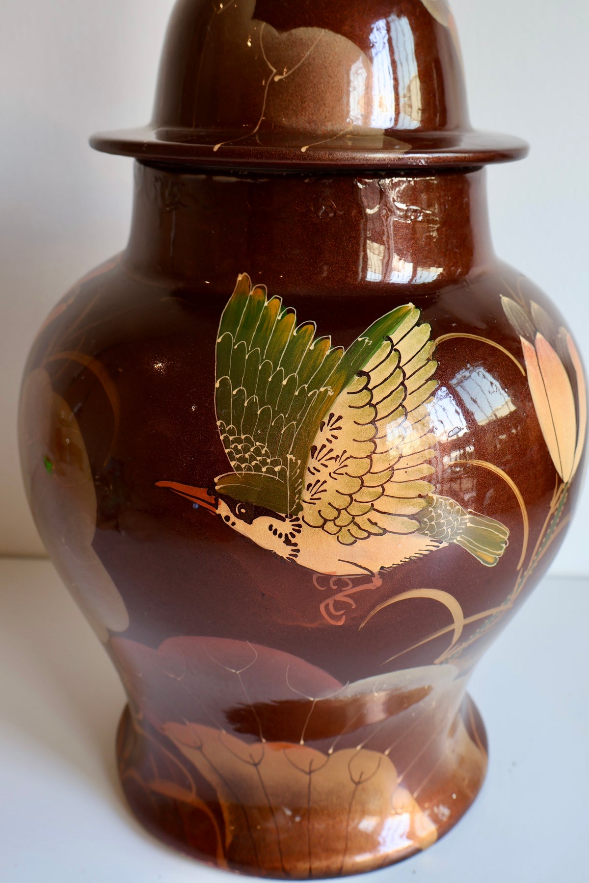 Vintage Hand-Painted Ginger Jar with Lotus & Bird Motif