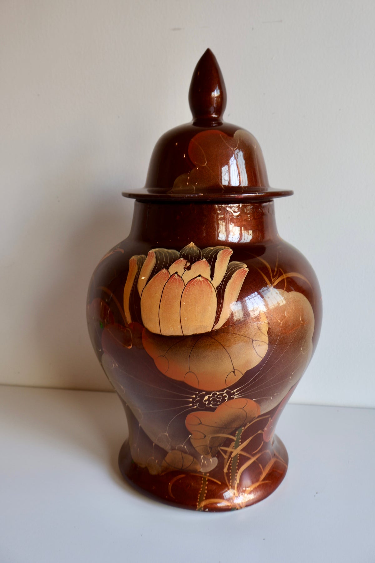 Vintage Hand-Painted Ginger Jar with Lotus & Bird Motif