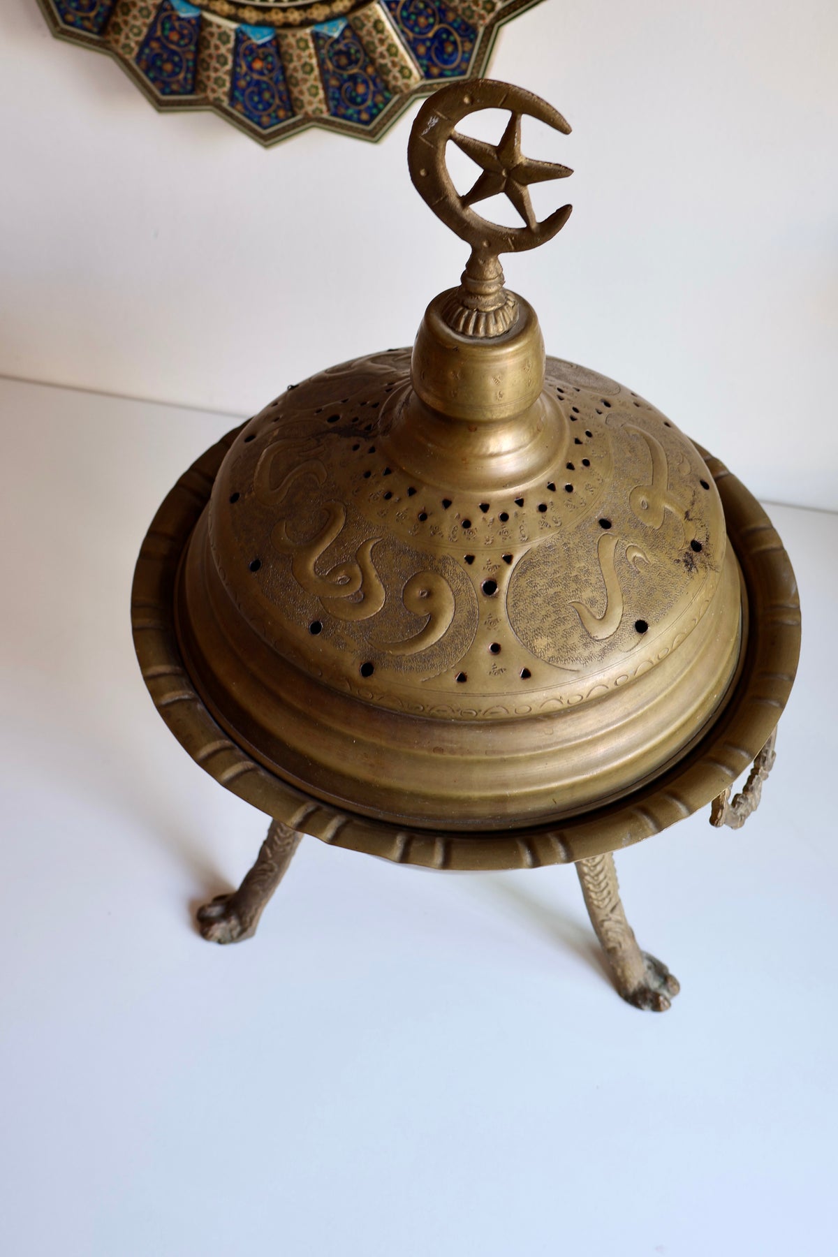 Vintage Brass Mubkhar with Crescent and Star Finial