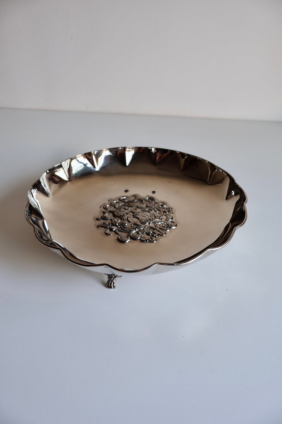 Vintage Silver-Toned Footed Serving Bowl – Made in Greece