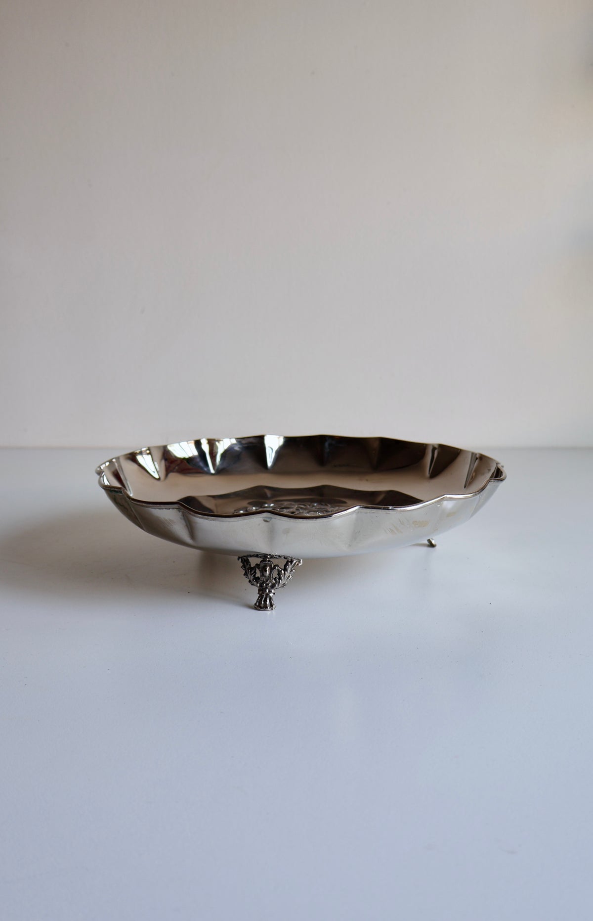Vintage Silver-Toned Footed Serving Bowl – Made in Greece