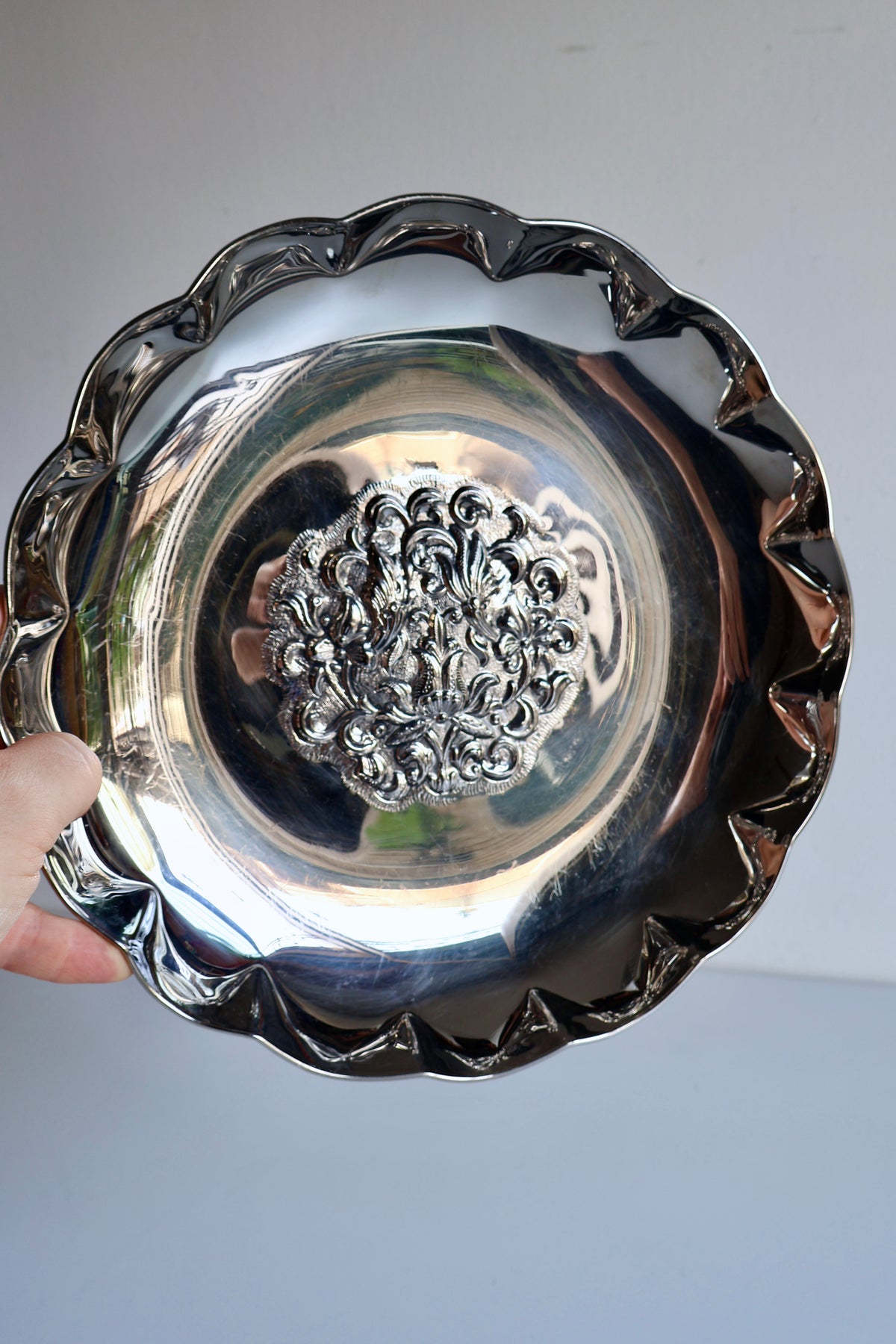 Vintage Silver-Toned Footed Serving Bowl – Made in Greece