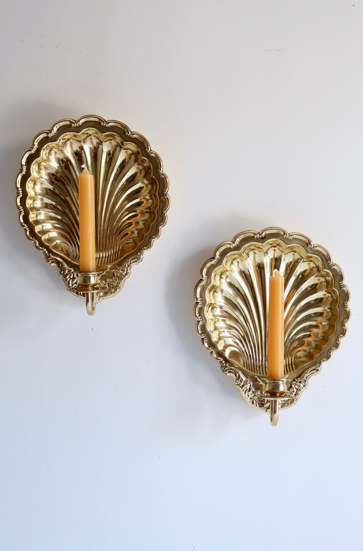 Pair of Vintage Brass Scallop Shell Wall Candle Sconces