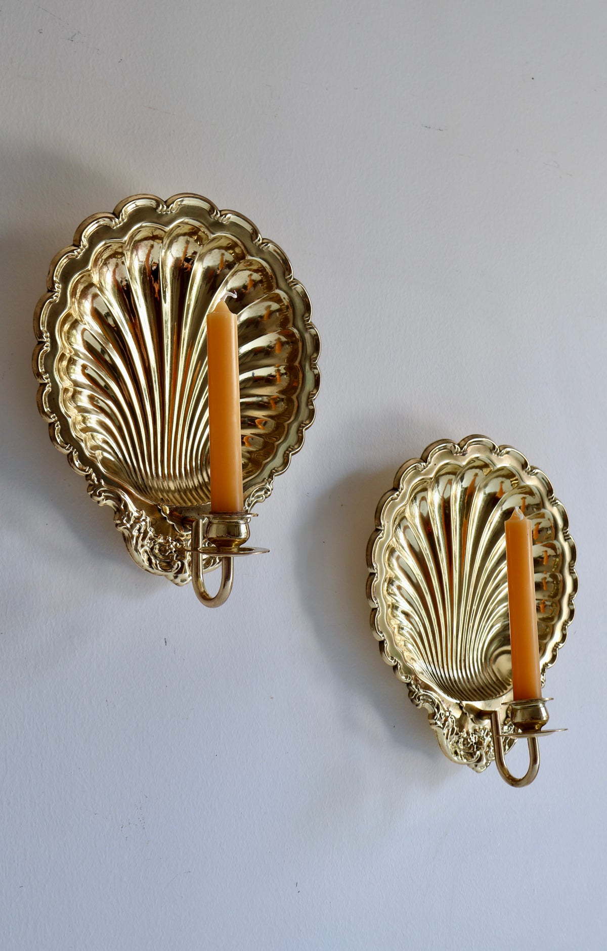 Pair of Vintage Brass Scallop Shell Wall Candle Sconces
