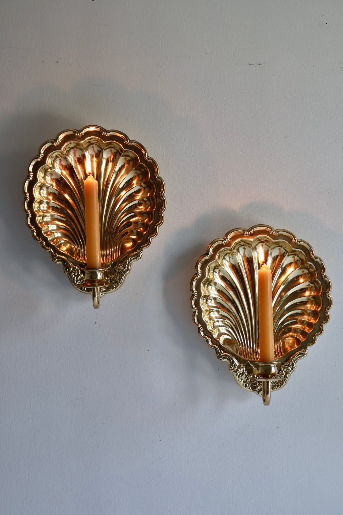 Pair of Vintage Brass Scallop Shell Wall Candle Sconces