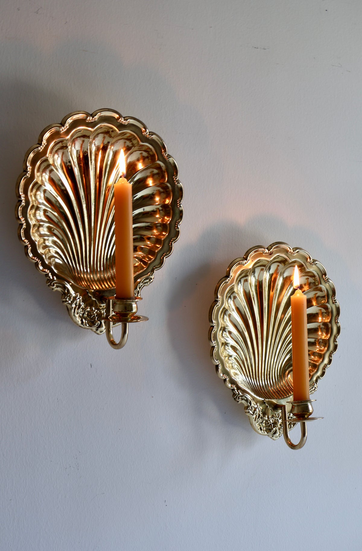 Pair of Vintage Brass Scallop Shell Wall Candle Sconces