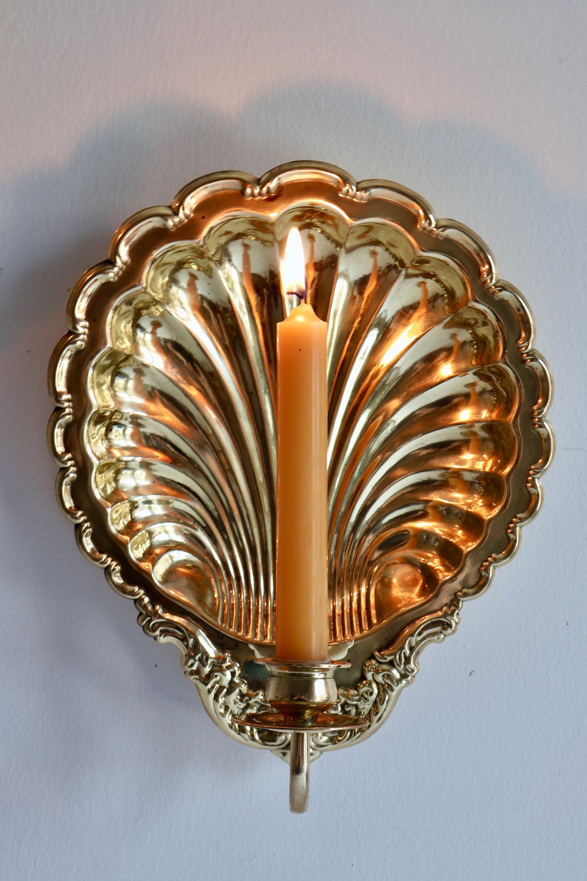 Pair of Vintage Brass Scallop Shell Wall Candle Sconces