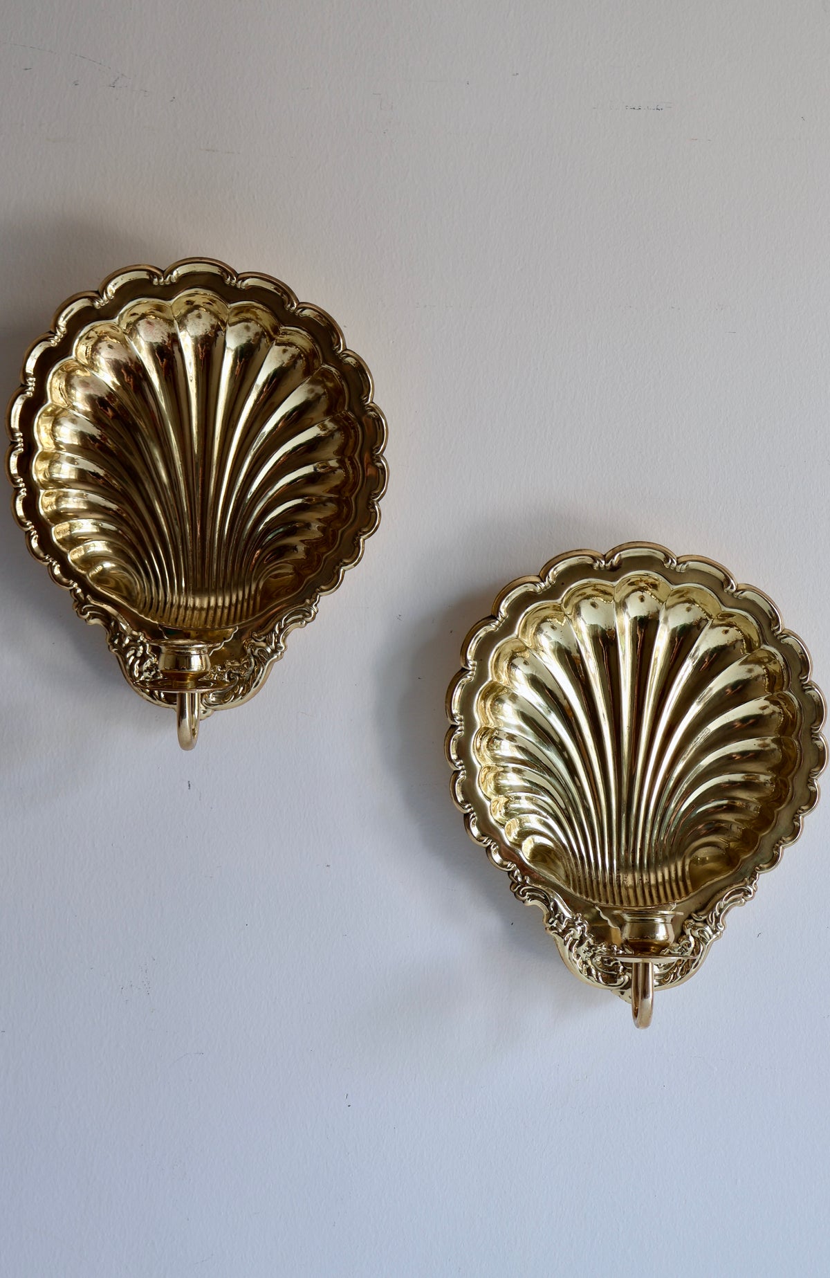 Pair of Vintage Brass Scallop Shell Wall Candle Sconces
