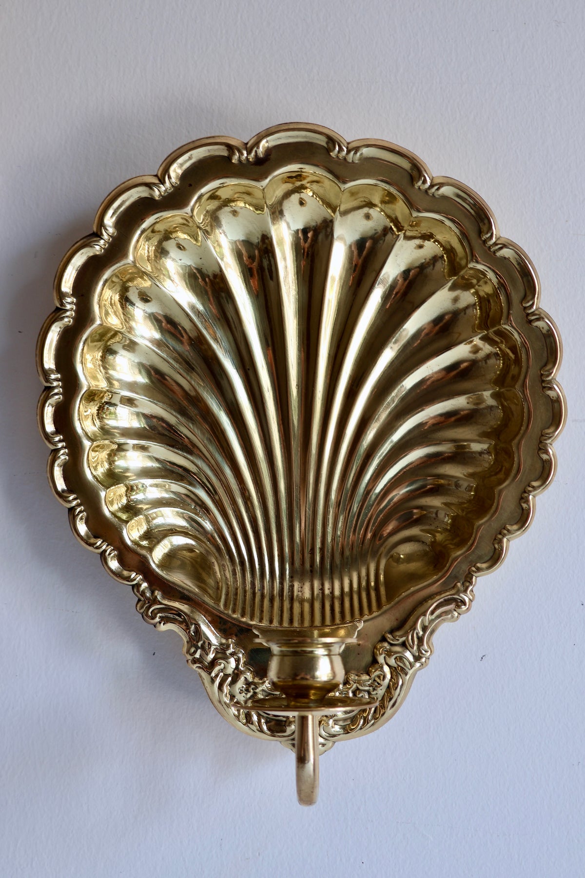Pair of Vintage Brass Scallop Shell Wall Candle Sconces