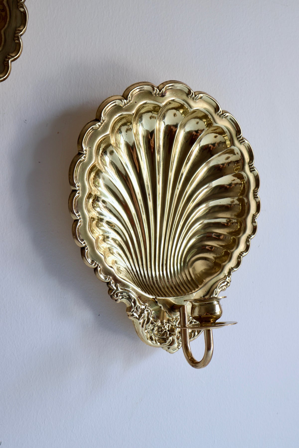 Pair of Vintage Brass Scallop Shell Wall Candle Sconces