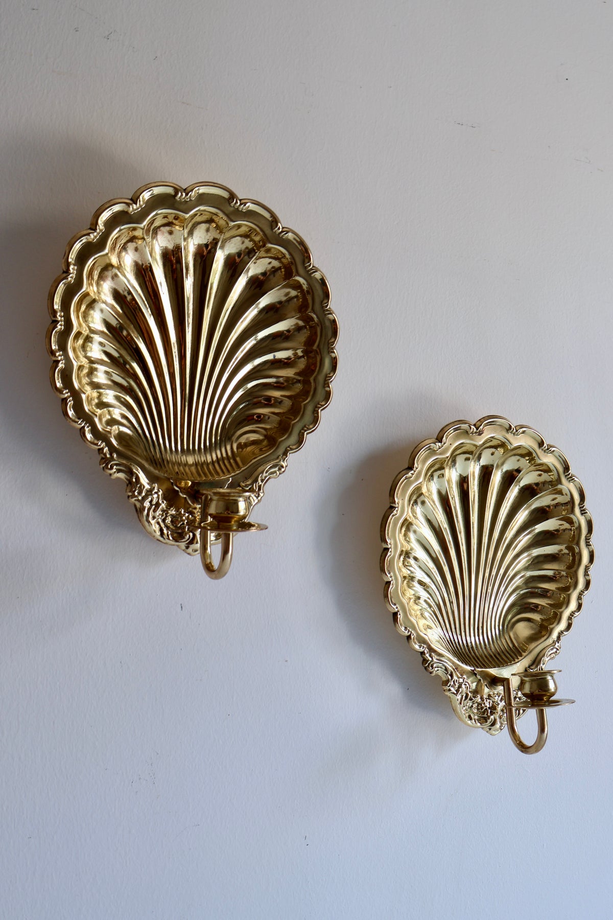 Pair of Vintage Brass Scallop Shell Wall Candle Sconces