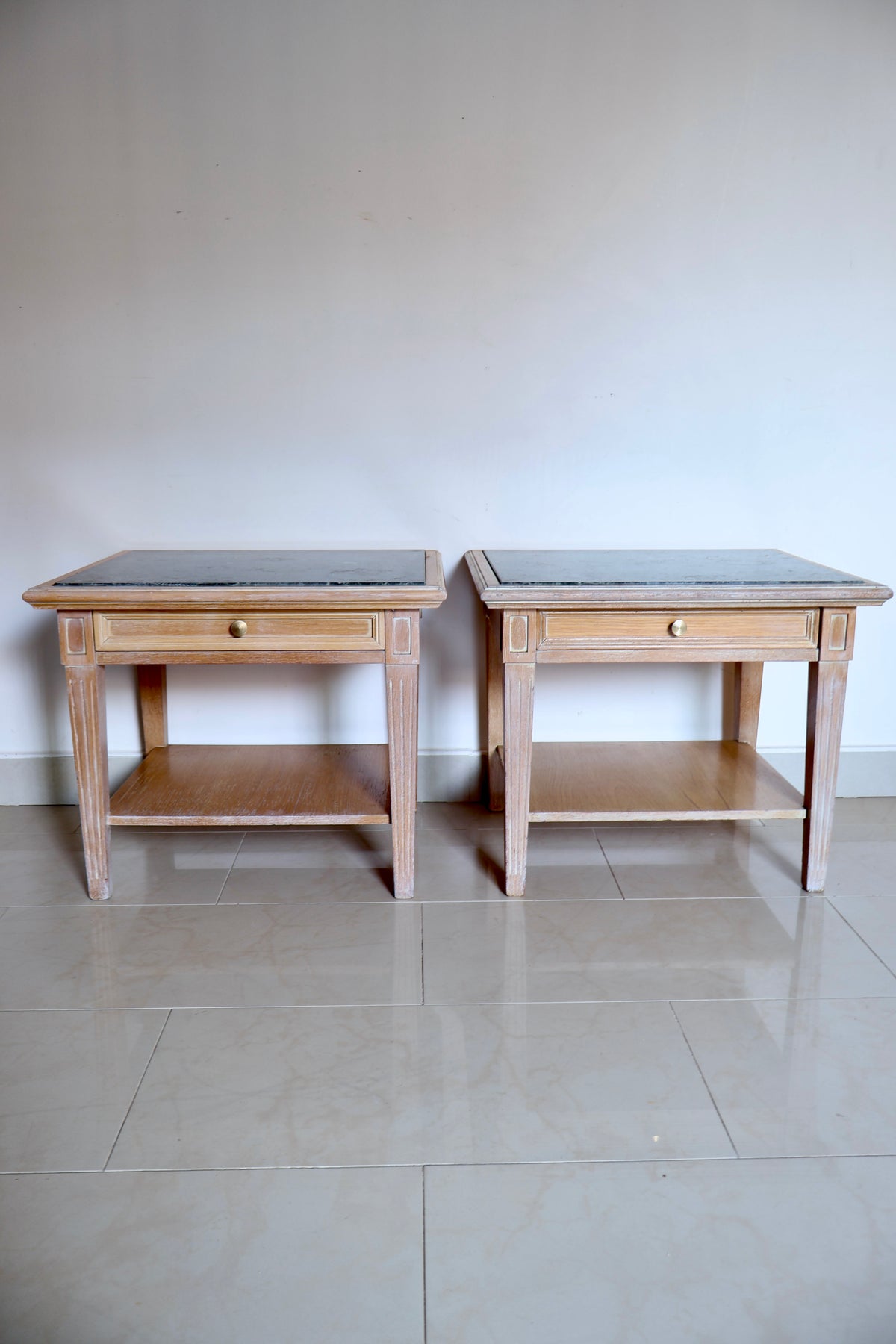 Vintage Solid Wood & Green Marble Side Tables – Pair