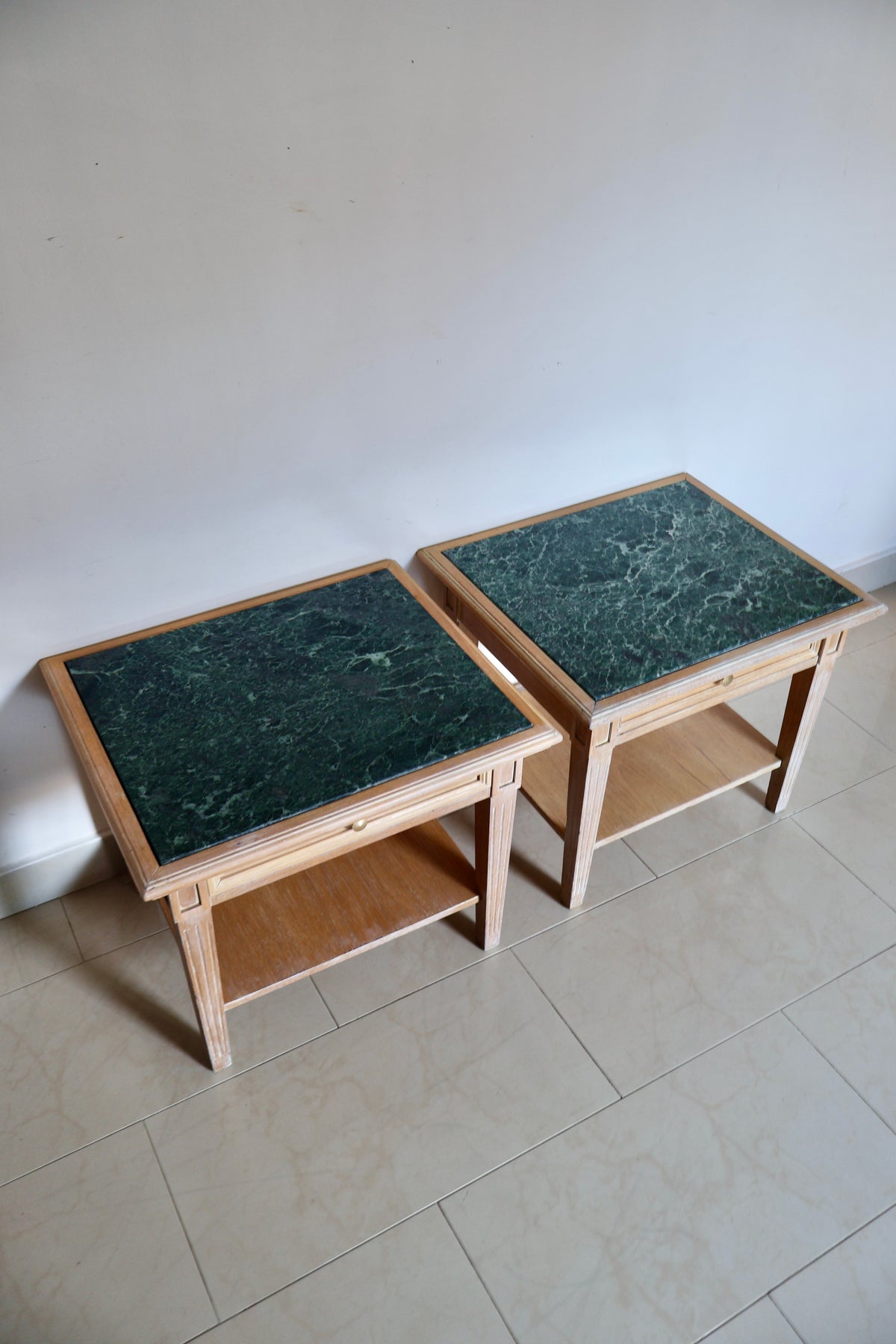 Vintage Solid Wood & Green Marble Side Tables – Pair