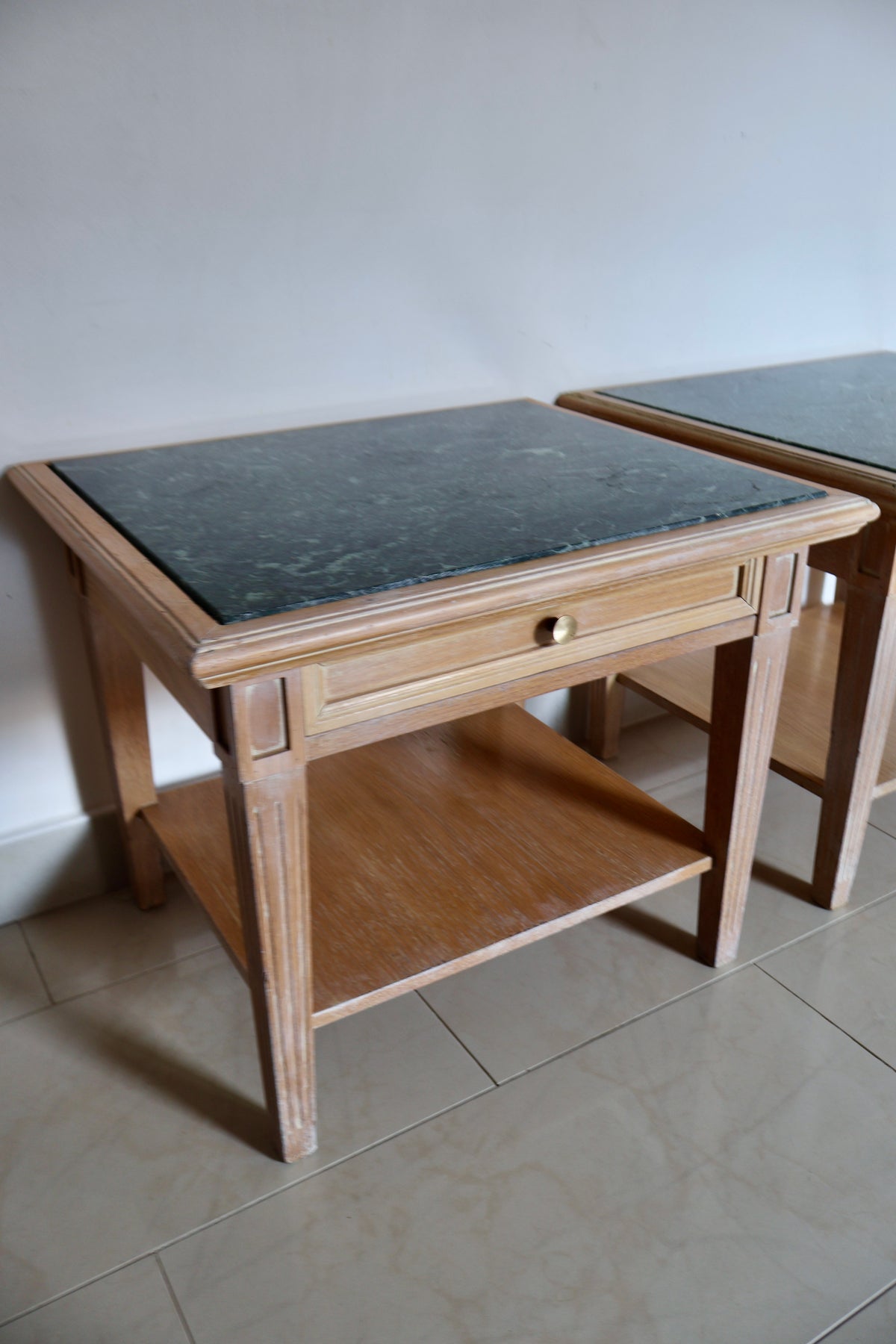 Vintage Solid Wood & Green Marble Side Tables – Pair