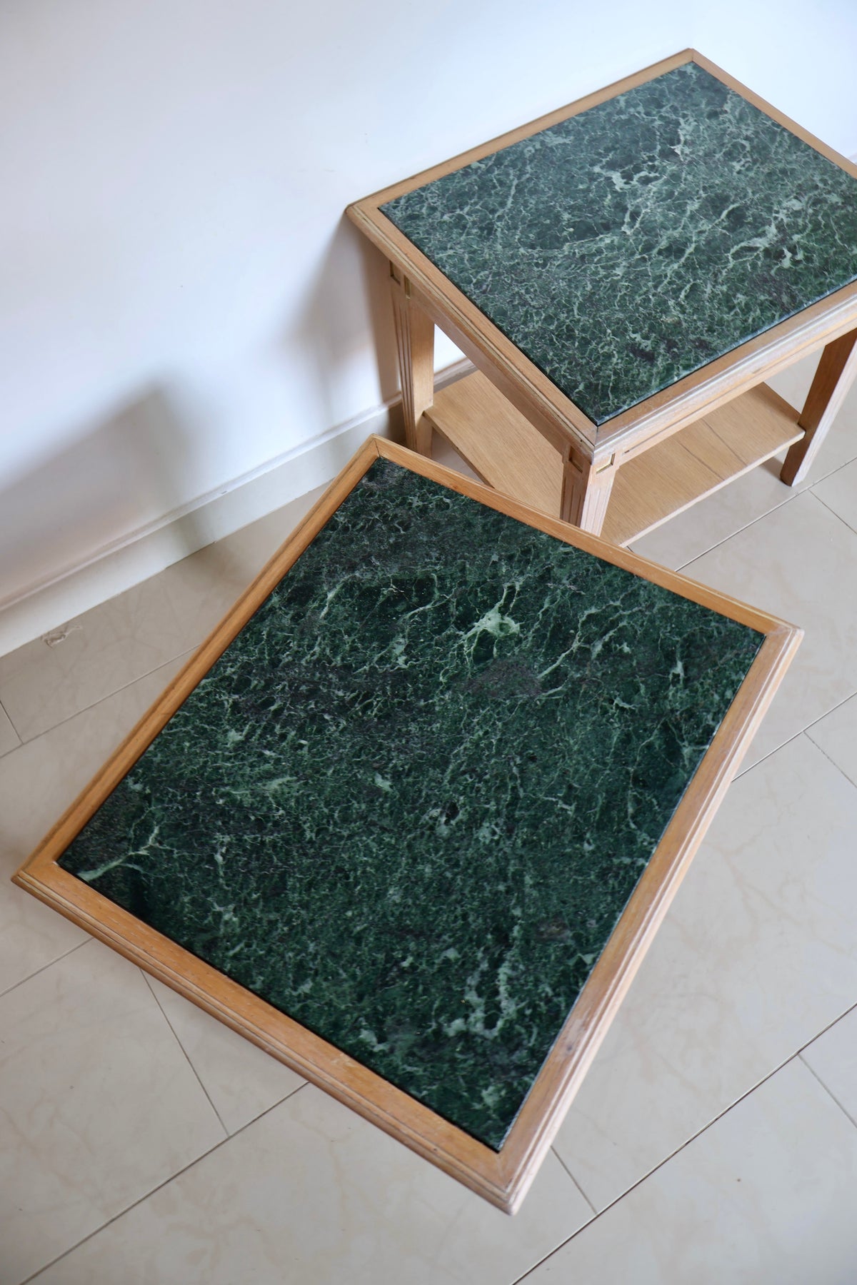 Vintage Solid Wood & Green Marble Side Tables – Pair