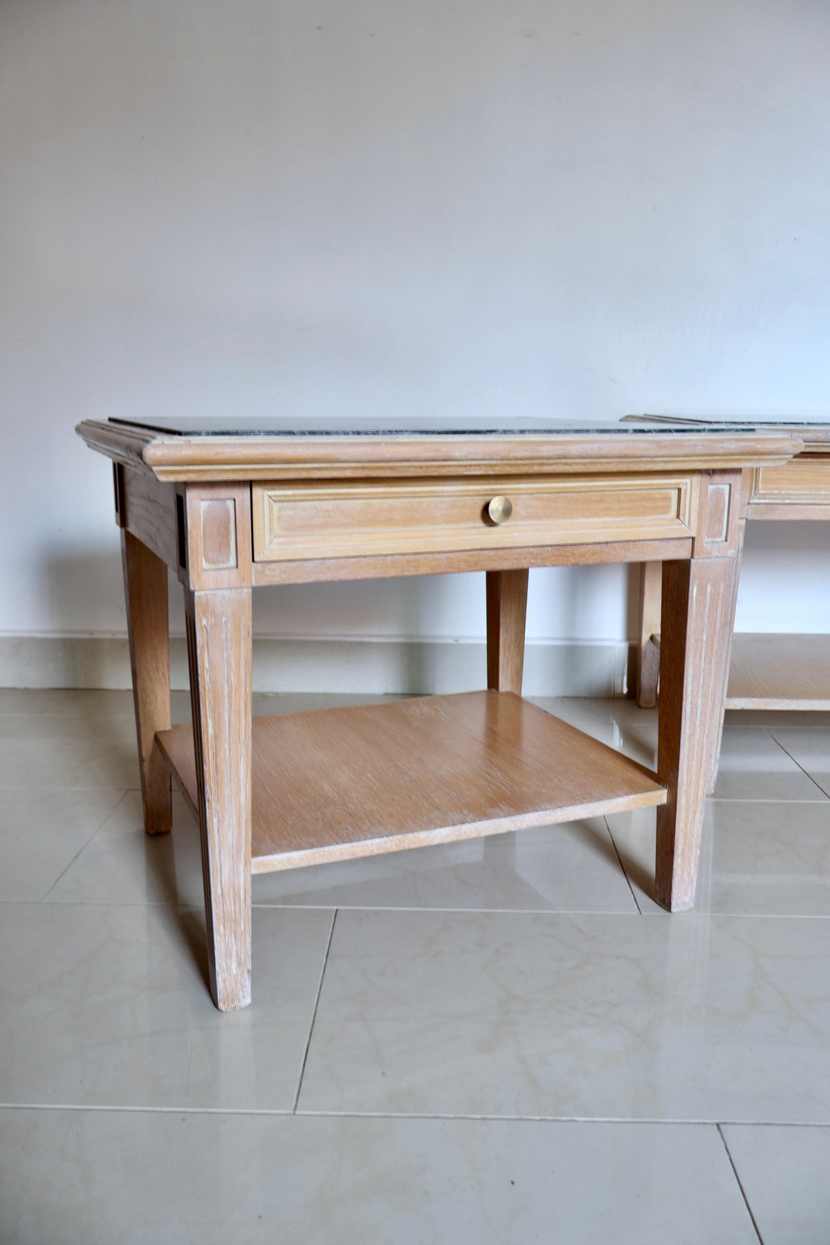 Vintage Solid Wood & Green Marble Side Tables – Pair