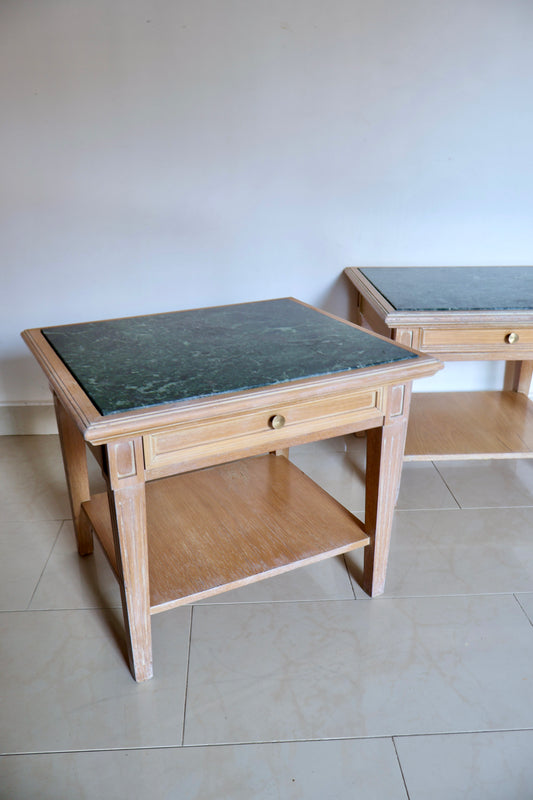 Vintage Solid Wood & Green Marble Side Tables – Pair
