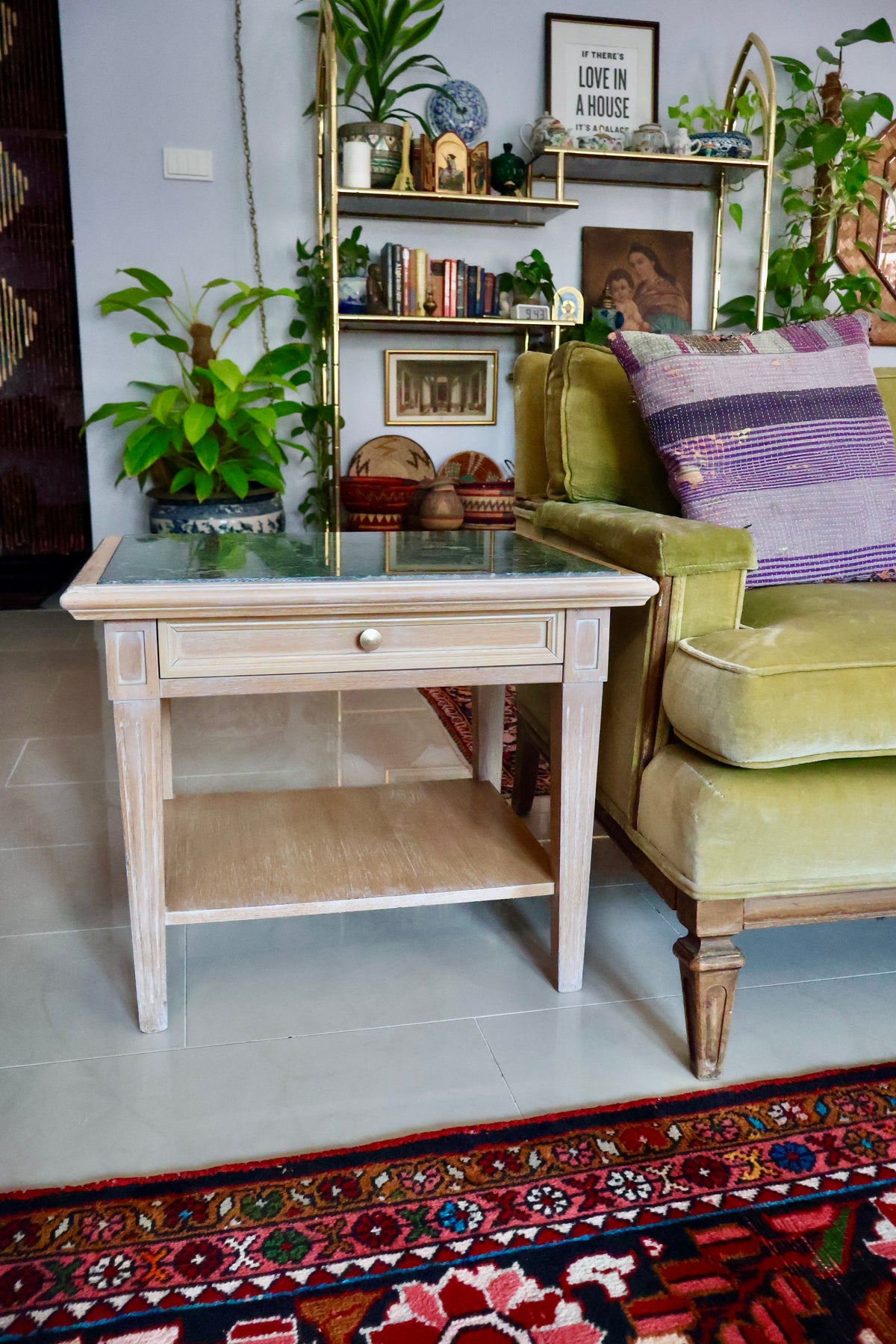 Vintage Solid Wood & Green Marble Side Tables – Pair