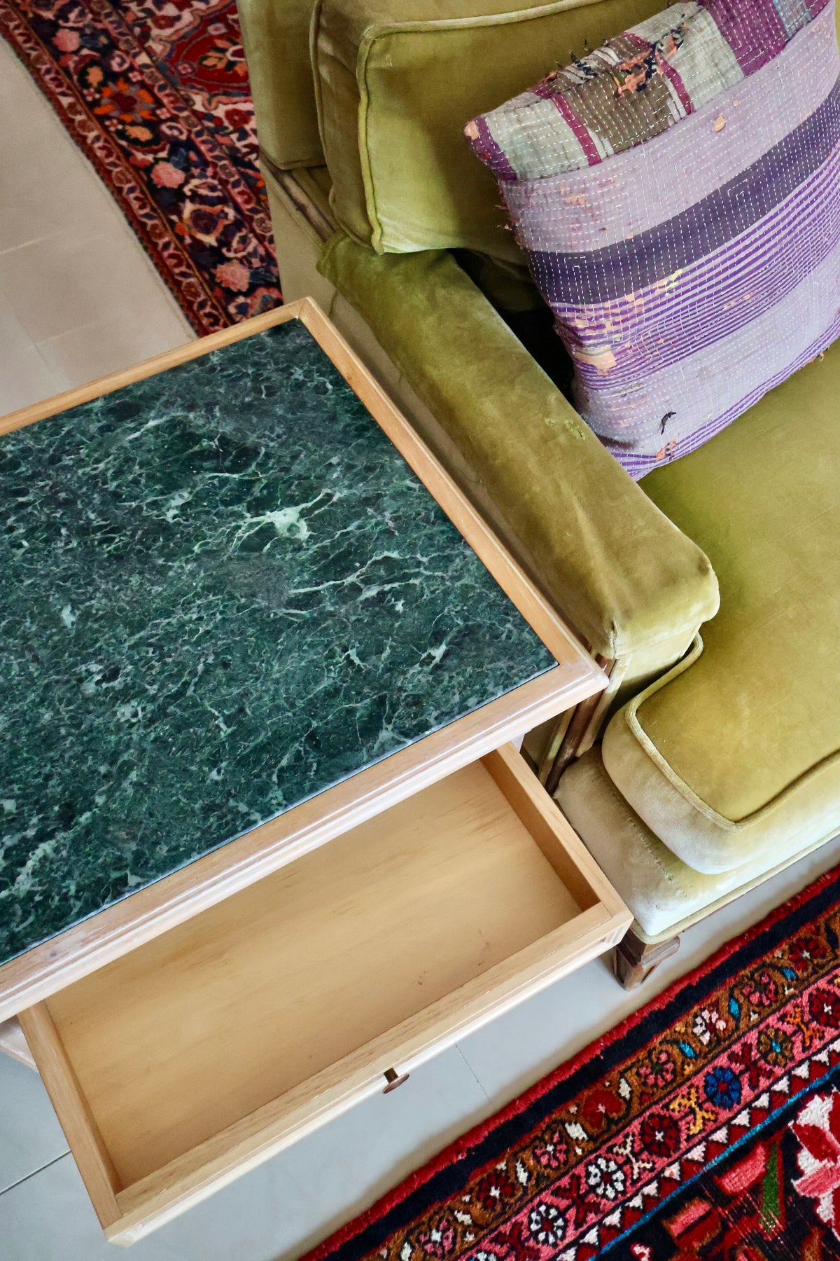 Vintage Solid Wood & Green Marble Side Tables – Pair