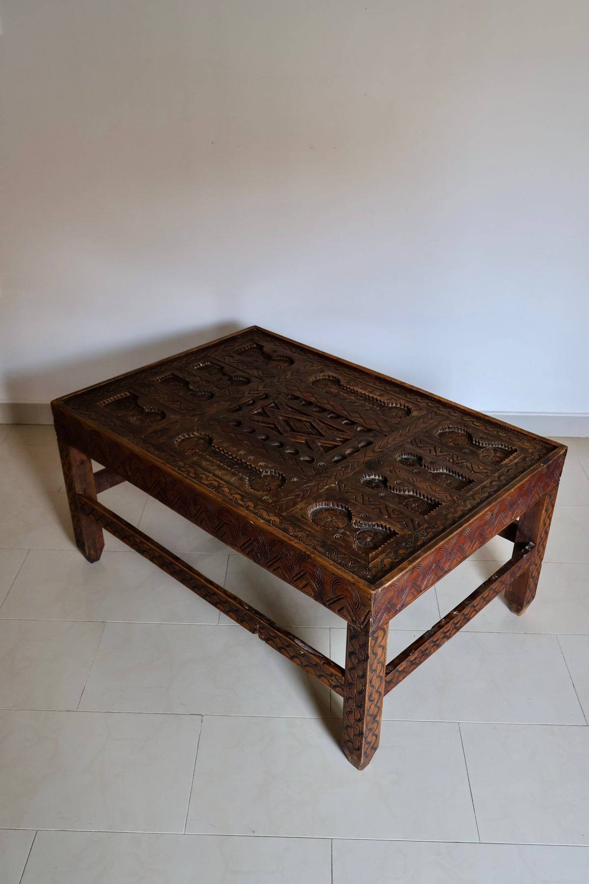 Vintage Moroccan Hand-Carved Wooden Coffee Table
