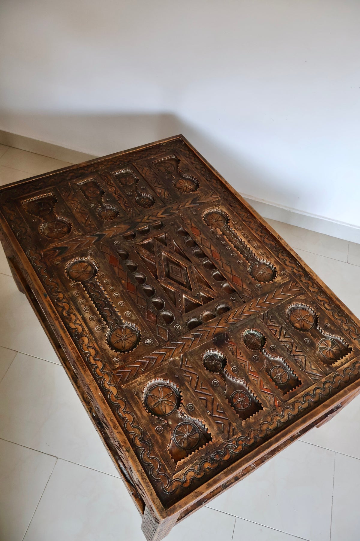 Vintage Moroccan Hand-Carved Wooden Coffee Table
