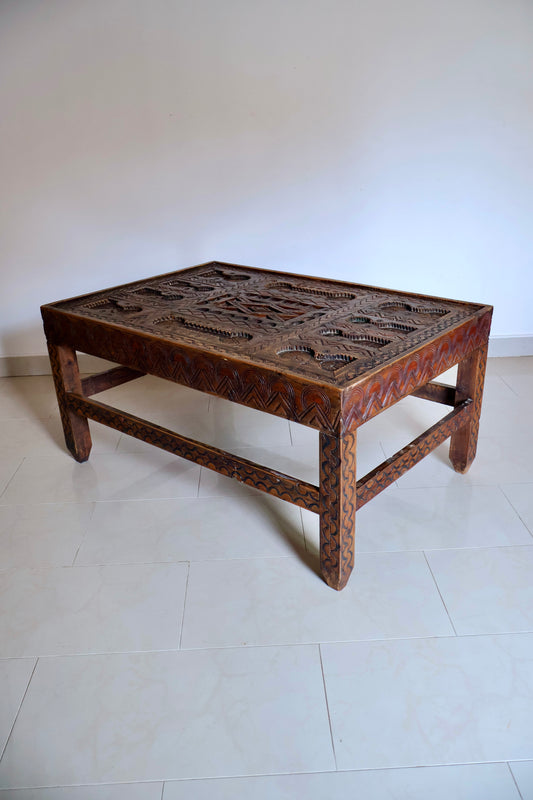 Vintage Moroccan Hand-Carved Wooden Coffee Table