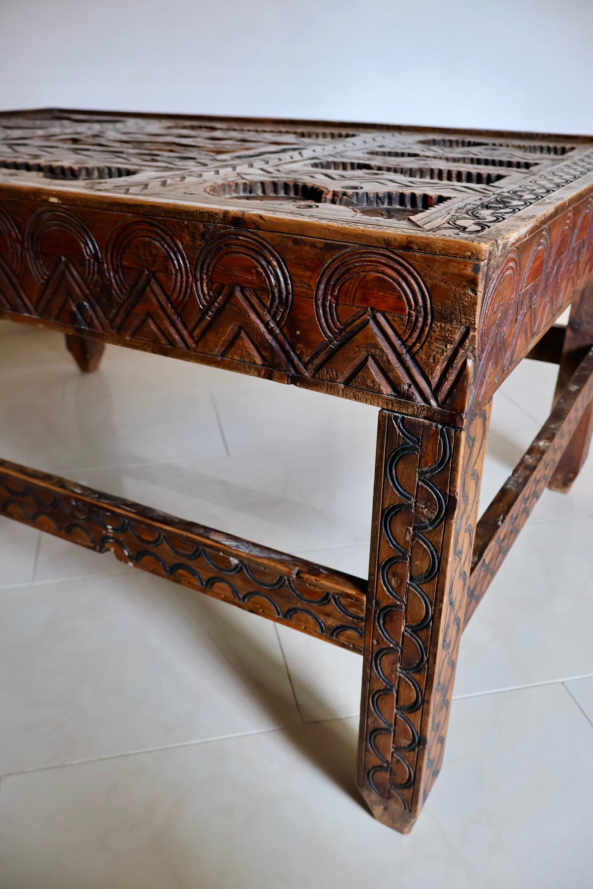 Vintage Moroccan Hand-Carved Wooden Coffee Table
