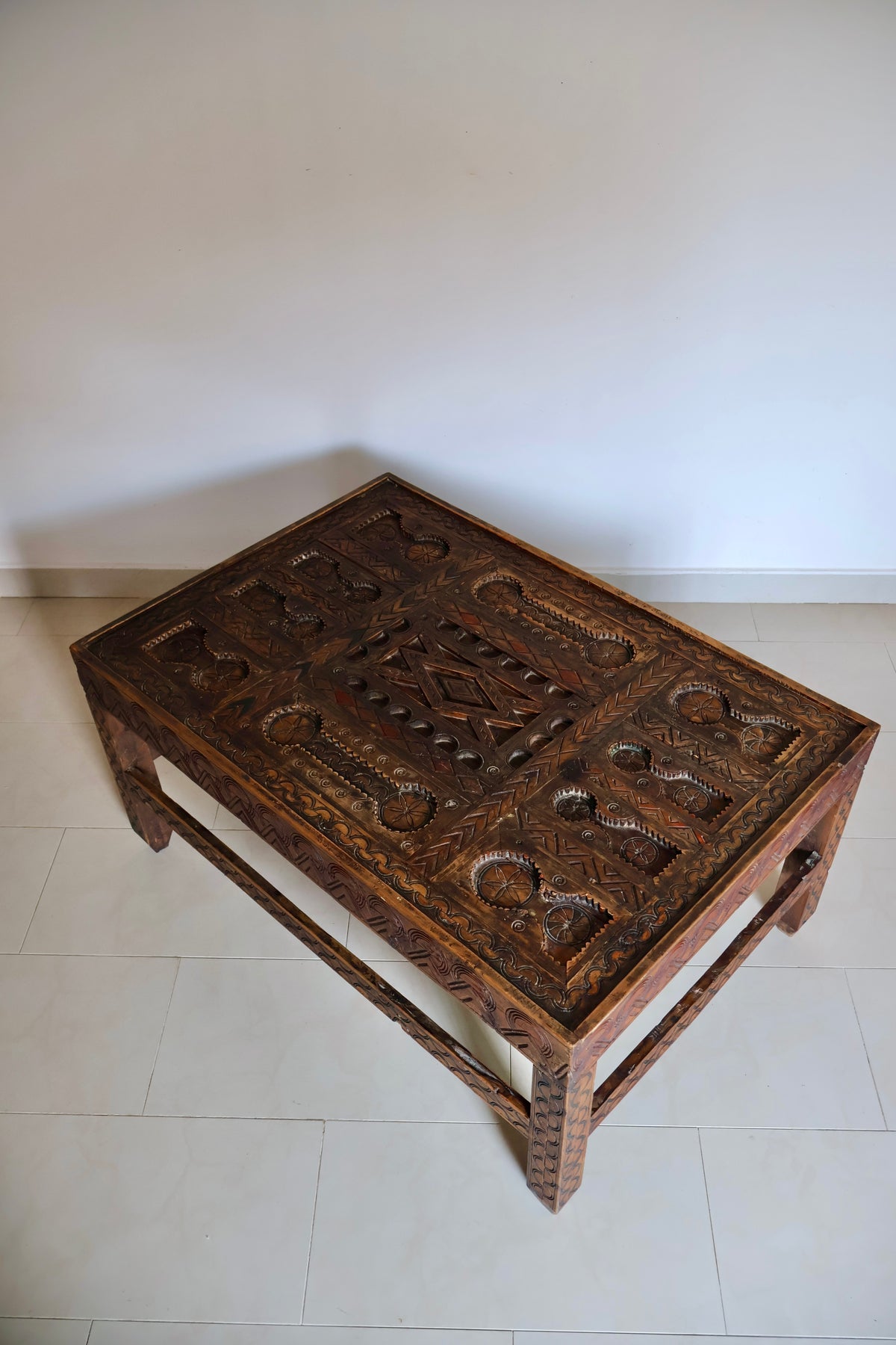 Vintage Moroccan Hand-Carved Wooden Coffee Table