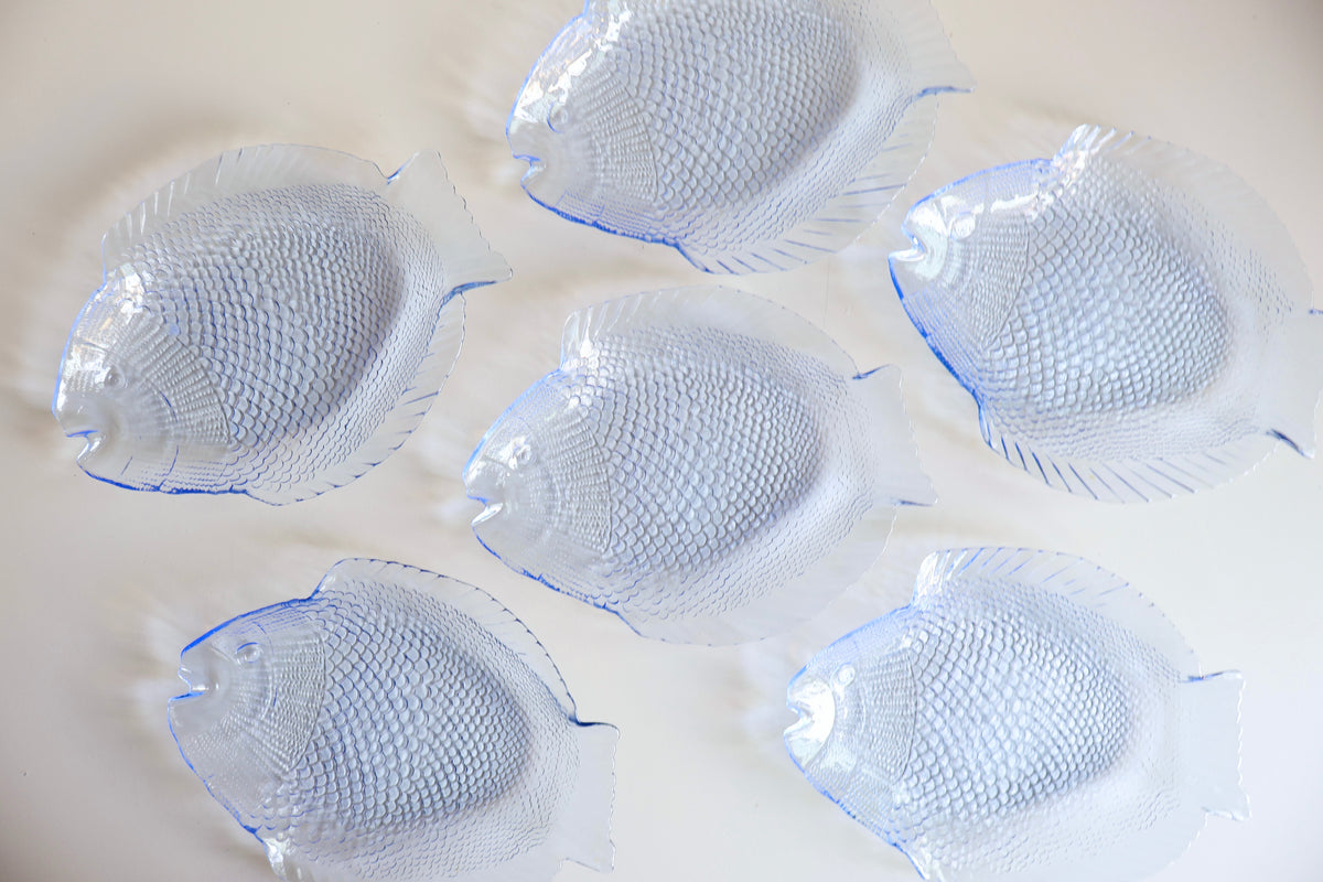 Vintage Blue Glass Fish Plates – Set of 6