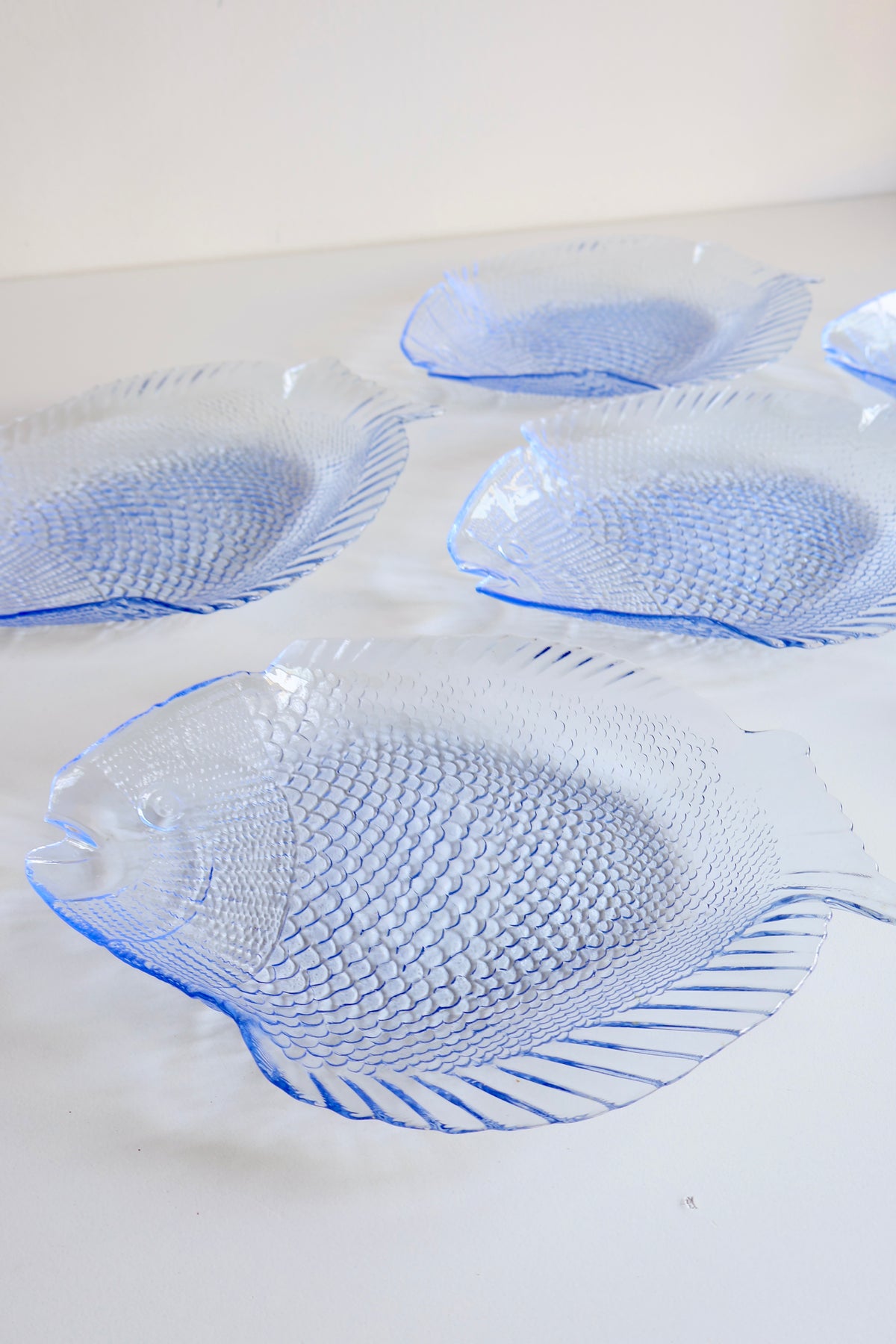 Vintage Blue Glass Fish Plates – Set of 6