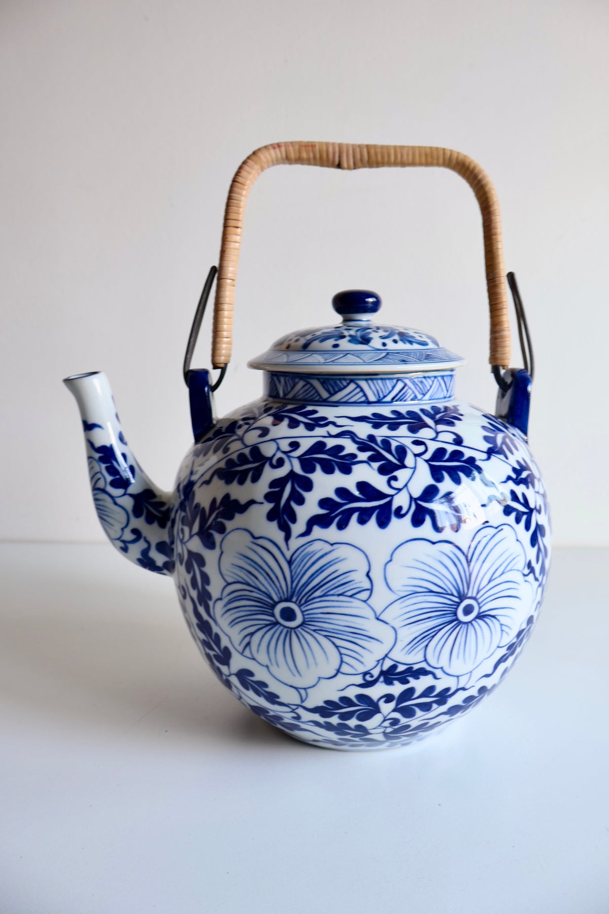 Vintage Chinese Blue & White Porcelain Teapot with Rattan Handle