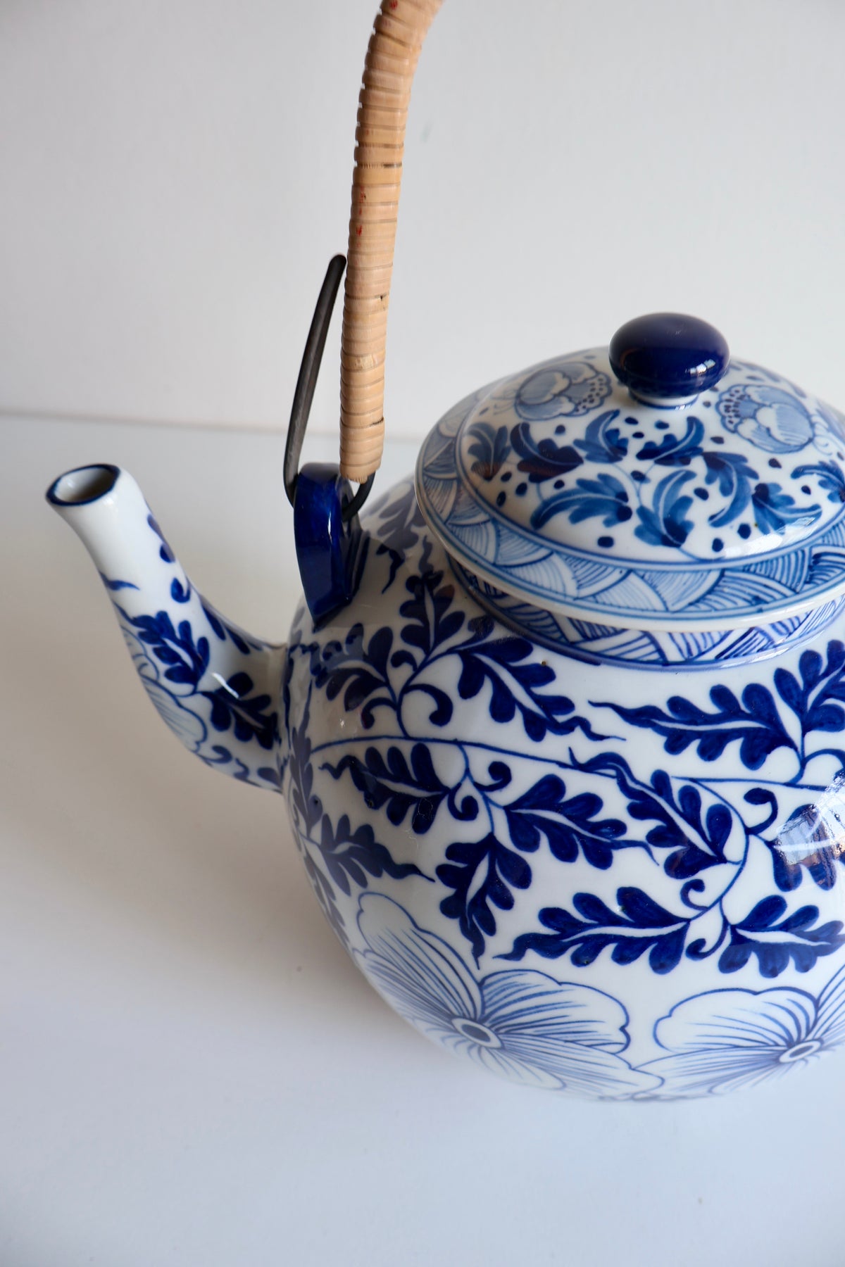Vintage Chinese Blue & White Porcelain Teapot with Rattan Handle