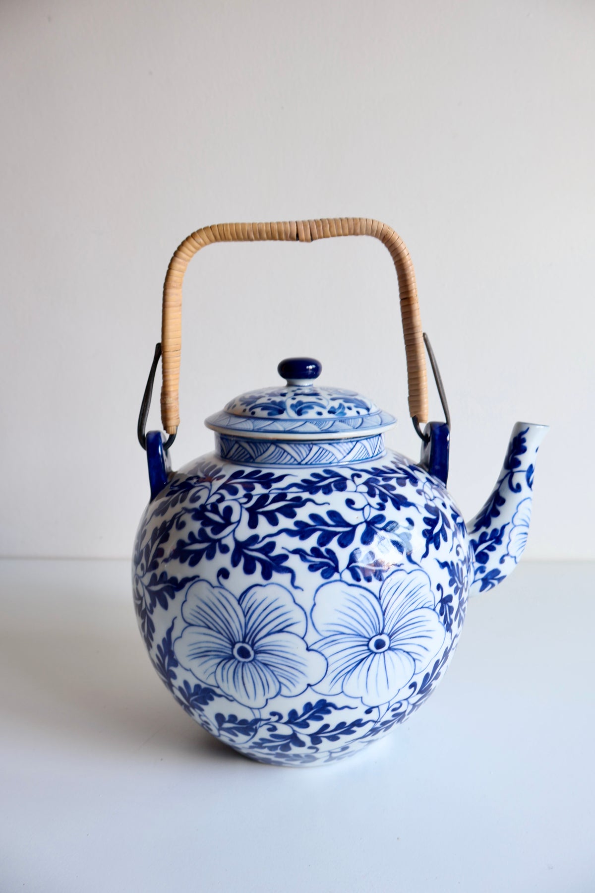 Vintage Chinese Blue & White Porcelain Teapot with Rattan Handle