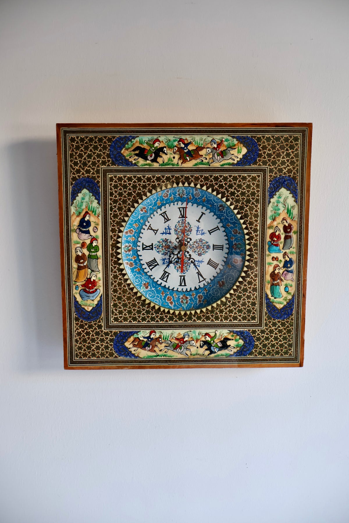 Vintage Persian Khatam Kari Wall Clock with Hand-Painted Miniatures