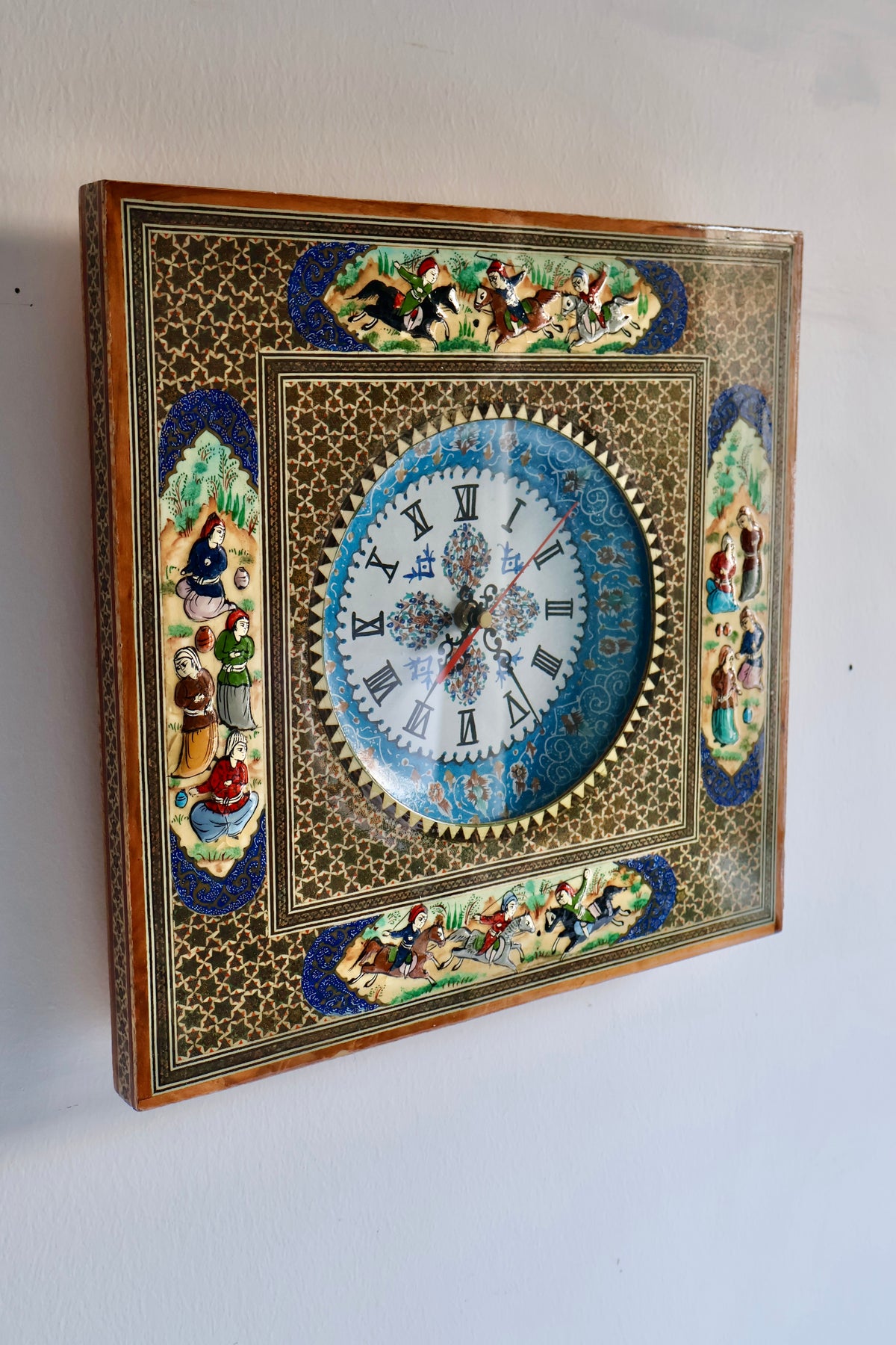 Vintage Persian Khatam Kari Wall Clock with Hand-Painted Miniatures