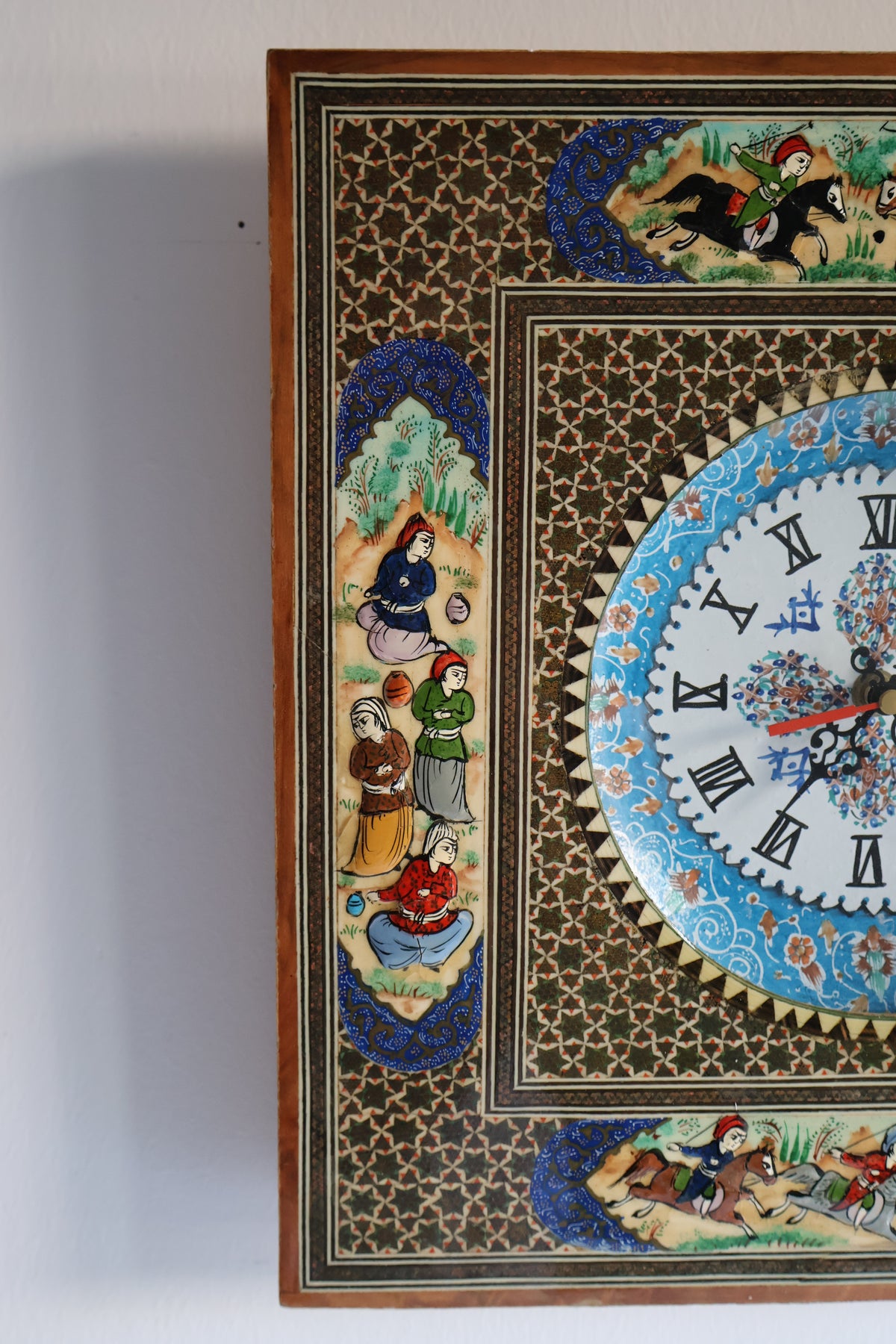 Vintage Persian Khatam Kari Wall Clock with Hand-Painted Miniatures