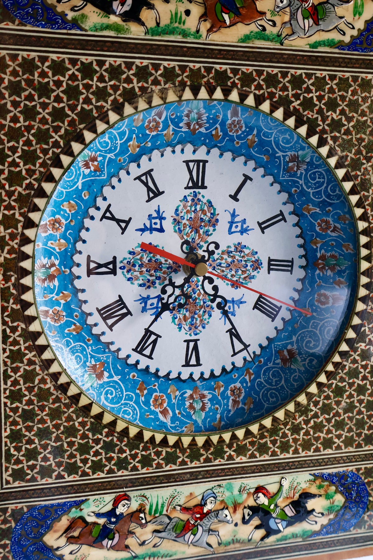Vintage Persian Khatam Kari Wall Clock with Hand-Painted Miniatures