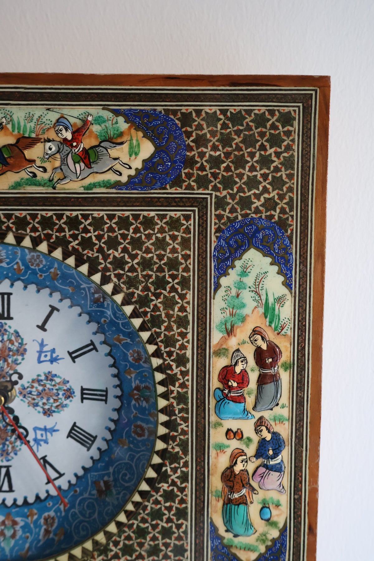 Vintage Persian Khatam Kari Wall Clock with Hand-Painted Miniatures