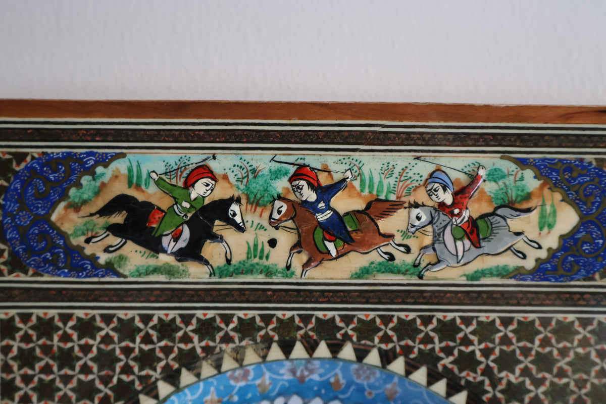 Vintage Persian Khatam Kari Wall Clock with Hand-Painted Miniatures