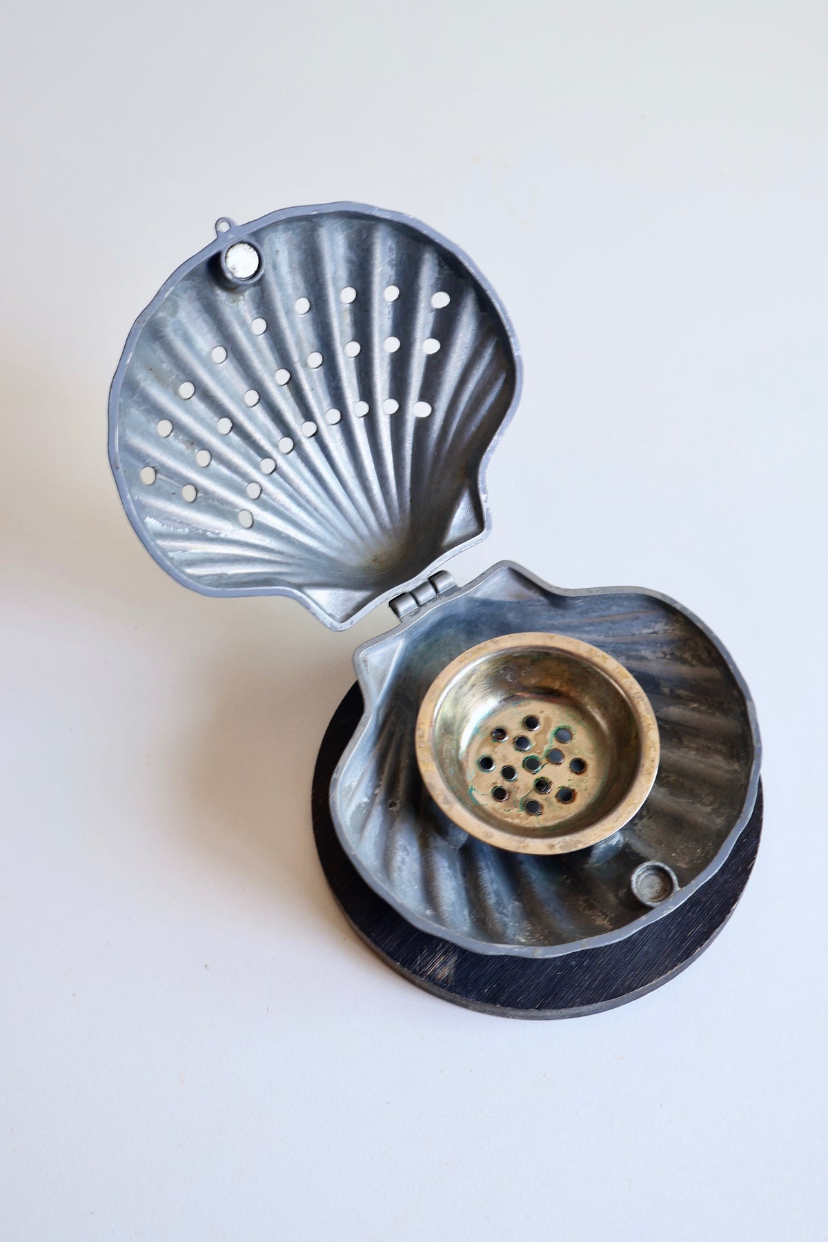 Vintage Seashell Mubkhar with Wooden Base